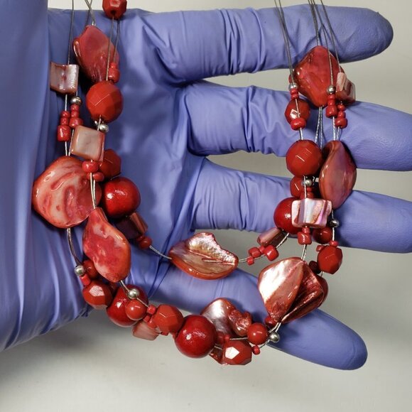 Layered Red Seashell Bead Necklace – Silver Tone Multi-Strand Statement Jewelry - Picture 4 of 8